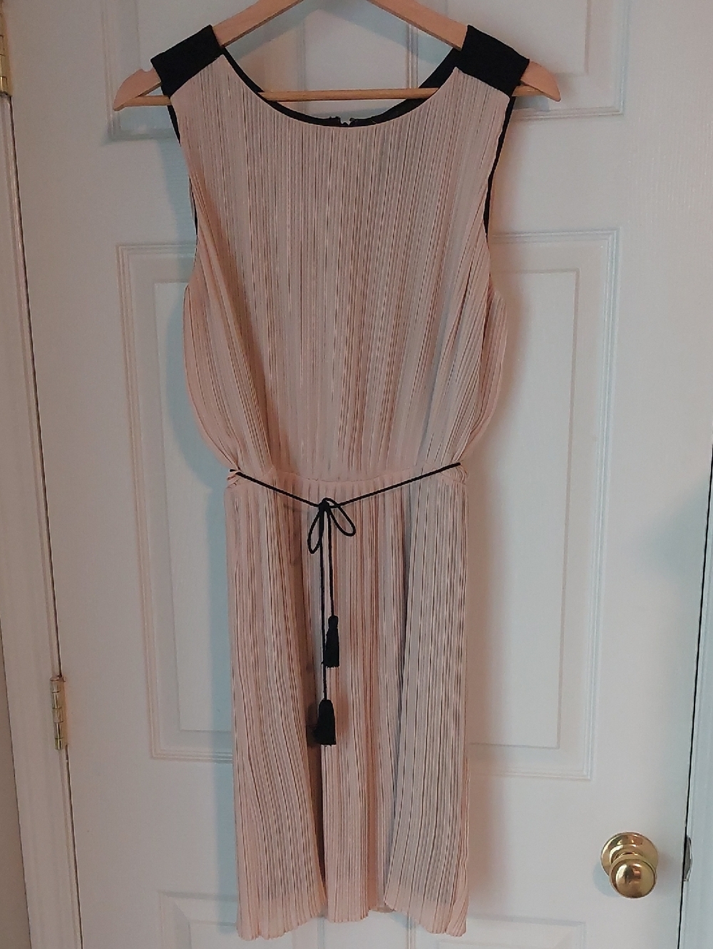 Jennifer Lopez Blush Pleated Midi Dress with Black Accents